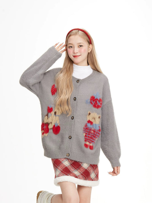 NERESUM Soft and Cuddly Bear Jacquard Button-Down Cardigan Sweater Women's Autumn and Winter Design Gentle Style Knitwear Coat