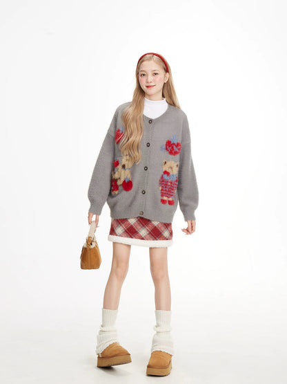 NERESUM Soft and Cuddly Bear Jacquard Button-Down Cardigan Sweater Women's Autumn and Winter Design Gentle Style Knitwear Coat