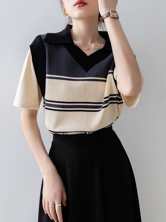 Fake two-piece short-sleeved sweater for women in summer 2024 new black V-neck thin fashion stylish splicing top