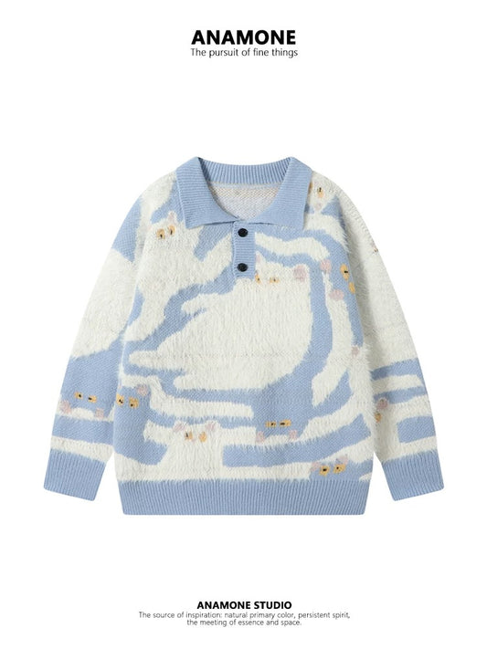 ANAMONE cute childlike cat polo lapel sweater women's autumn and winter loose slim design niche style