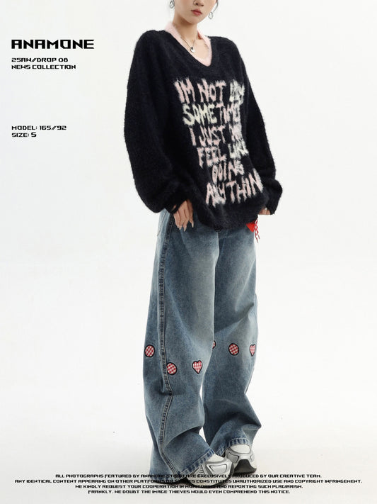 ANAMONE American retro letter print V-neck sweater female autumn halter neck loose lazy style soft sweet hot girl