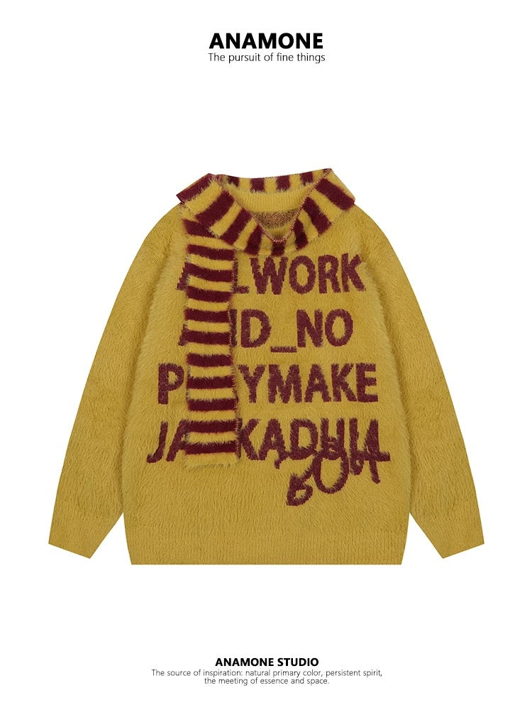 ANAMONE American retro style scarf sweater women's autumn and winter soft mohair loose lazy letters unique