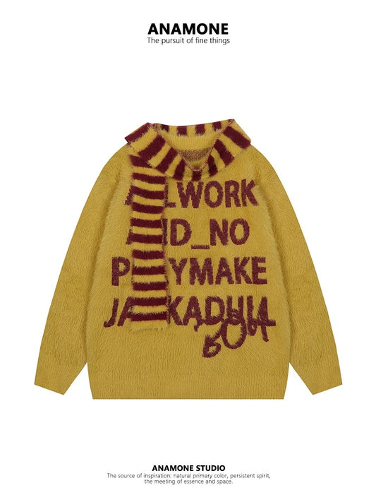 ANAMONE American retro style scarf sweater women's autumn and winter soft mohair loose lazy letters unique