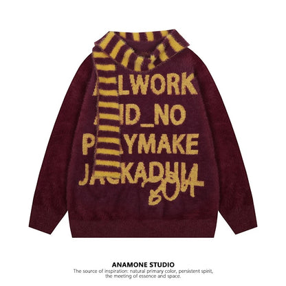 ANAMONE American retro style scarf sweater women's autumn and winter soft mohair loose lazy letters unique