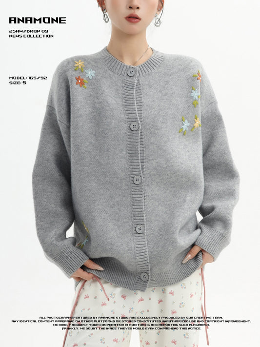 ANAMONE American retro floral embroidery knitted cardigan sweater women's autumn lazy style loose college style jacket
