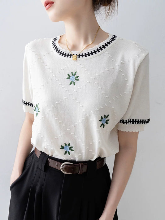 White round neck loose knitted short-sleeved T-shirt female 2025 new summer thin niche design temperament top