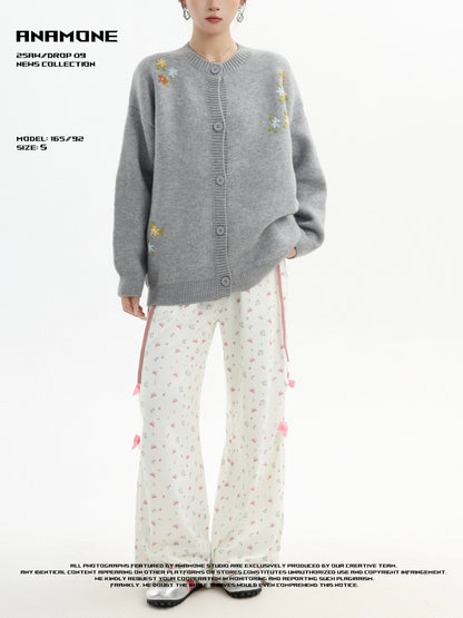 ANAMONE American retro floral embroidery knitted cardigan sweater women's autumn lazy style loose college style jacket