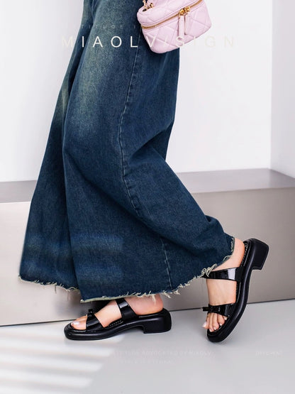 "Wonderful Couple" Sugar Cube Love Song~Sweet style thick heel one-word sandals for women 2024 new summer open toe outer sandals