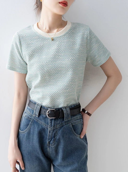 Tops for women 2024 new hot style summer green round neck straight shoulder temperament small fragrance style design short sleeve t-shirt