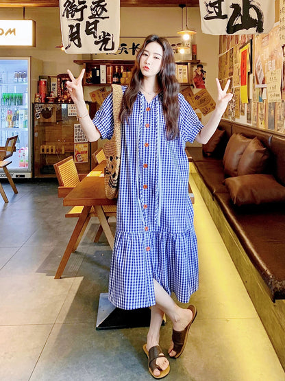 literature loose casual dress Dopamine blue plaid shirt dress women's summer 2025 new style super go –  Lee Nhi Boutique