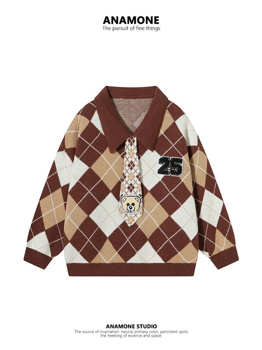 ANAMONE Japanese college style diamond tie sweater women's autumn and winter 2025 lapel retro fun cute style