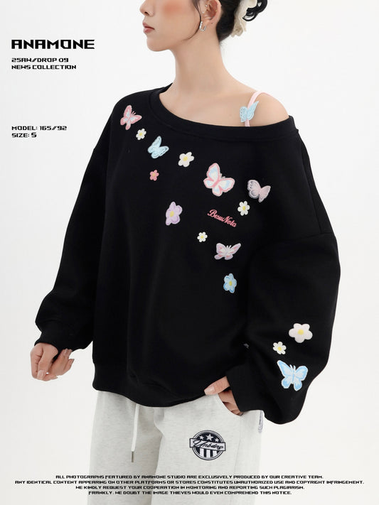 ANAMONE sweet style butterfly flower embroidery off-shoulder sweatshirt women's autumn loose lazy style oversize top