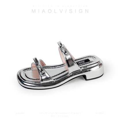 "Wonderful Couple" Sugar Cube Love Song~Sweet style thick heel one-word sandals for women 2024 new summer open toe outer sandals