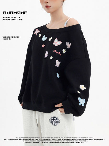 ANAMONE sweet style butterfly flower embroidery off-shoulder sweatshirt women's autumn loose lazy style oversize top