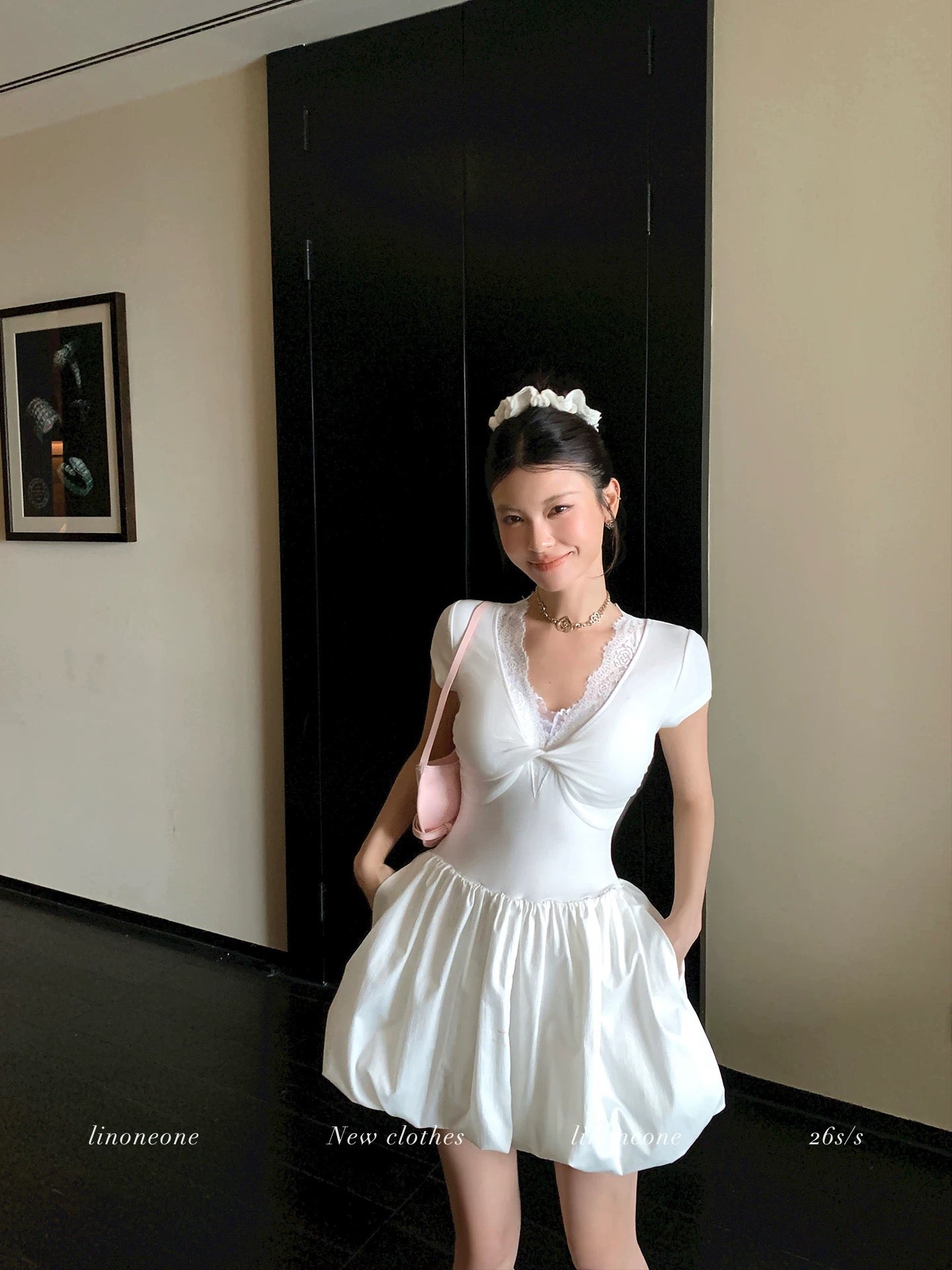 LINONEONE Girlish Ballet French Pure and Alluring V-neck Twisted Short Sleeve Puffy Waist Elastic Dress
