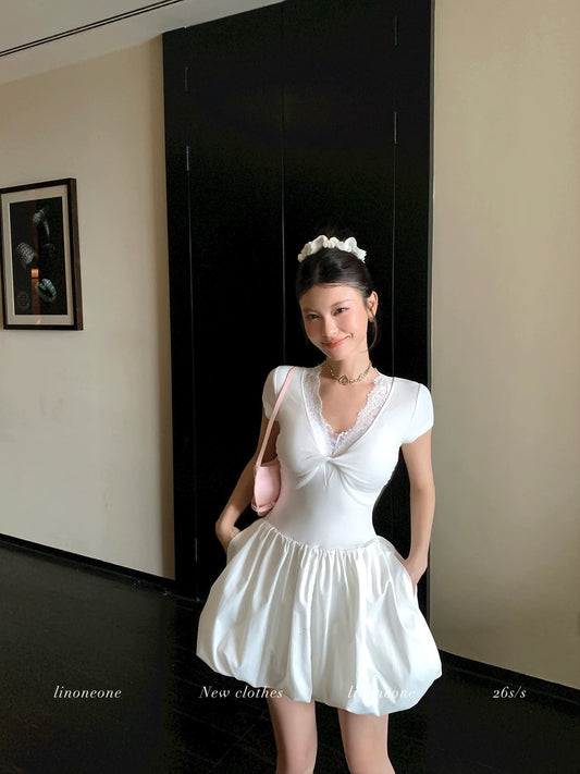 LINONEONE Girlish Ballet French Pure and Alluring V-neck Twisted Short Sleeve Puffy Waist Elastic Dress