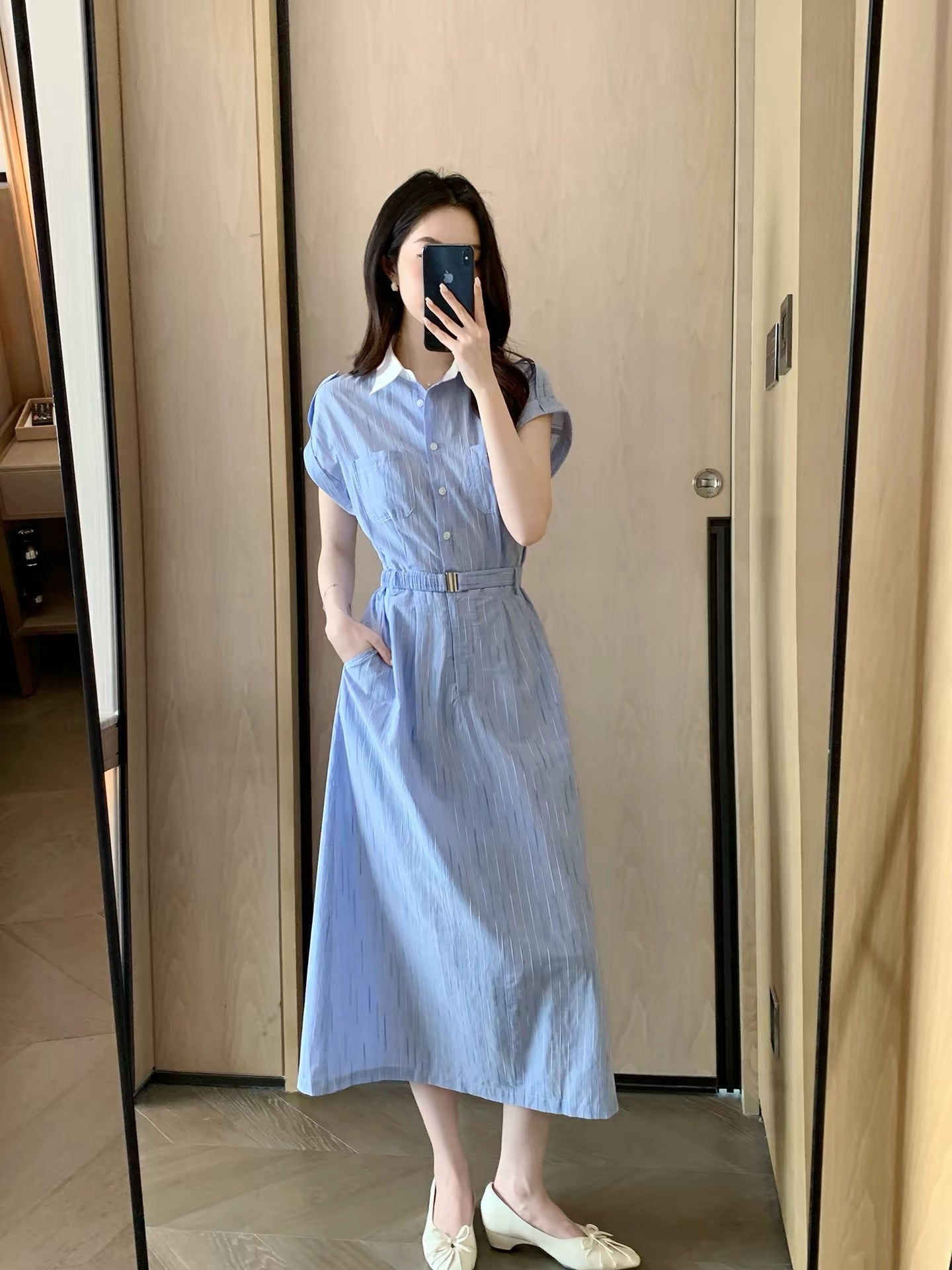 FT GUOGE Women's Blue Shirt Dress – Summer 2026 New Arrival: Sophisticated, Slim-Fit, and Waist-Defining Style for Work or Casual Wear
