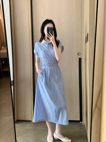 FT GUOGE Women's Blue Shirt Dress – Summer 2026 New Arrival: Sophisticated, Slim-Fit, and Waist-Defining Style for Work or Casual Wear