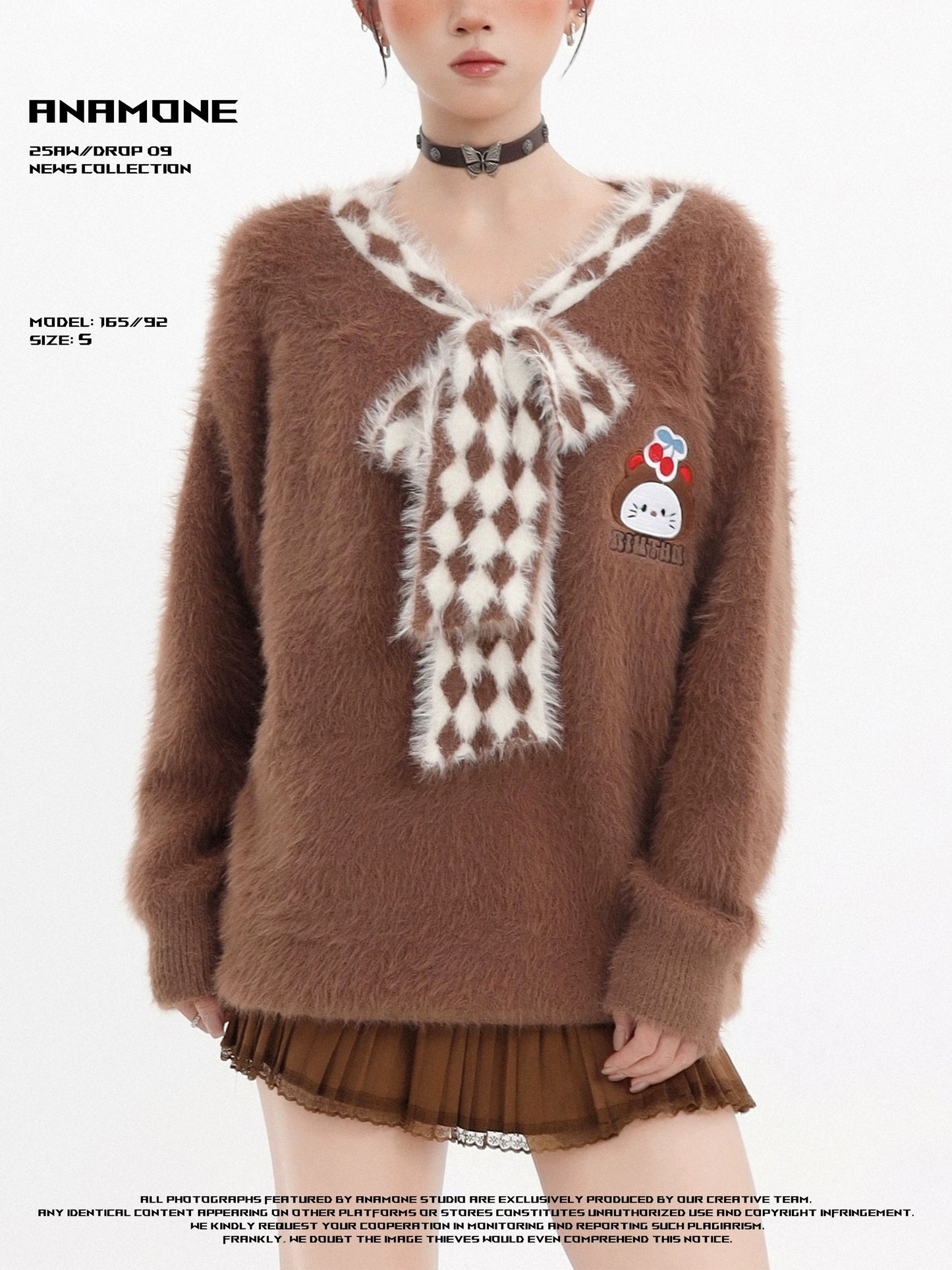 ANAMONE College Style V-Neck Scarf Bandage Sweater Women's Autumn and Winter Sweet Lazy Style Loose Soft Knitted Sweater