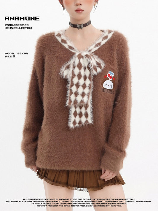 ANAMONE College Style V-Neck Scarf Bandage Sweater Women's Autumn and Winter Sweet Lazy Style Loose Soft Knitted Sweater