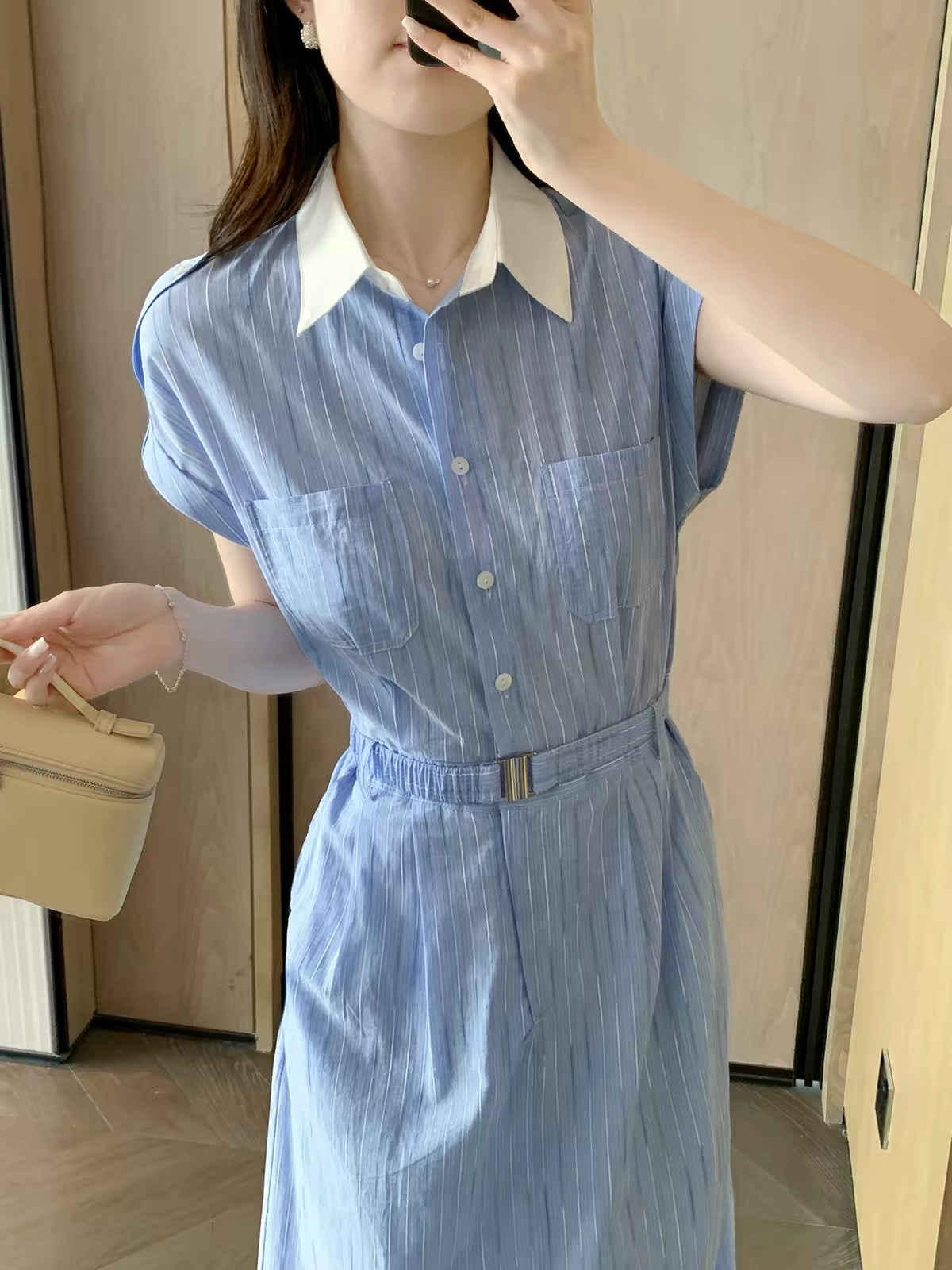 FT GUOGE Women's Blue Shirt Dress – Summer 2026 New Arrival: Sophisticated, Slim-Fit, and Waist-Defining Style for Work or Casual Wear