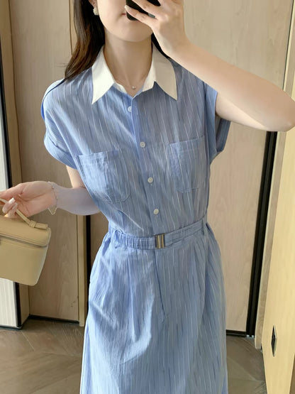 FT GUOGE Women's Blue Shirt Dress – Summer 2026 New Arrival: Sophisticated, Slim-Fit, and Waist-Defining Style for Work or Casual Wear