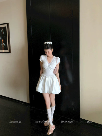 LINONEONE Girlish Ballet French Pure and Alluring V-neck Twisted Short Sleeve Puffy Waist Elastic Dress