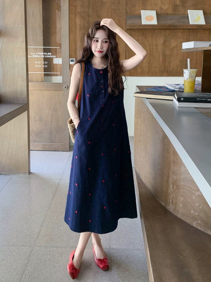 Blue love embroidered sleeveless denim dress female summer 2025 new Ko –  Lee Nhi Boutique
