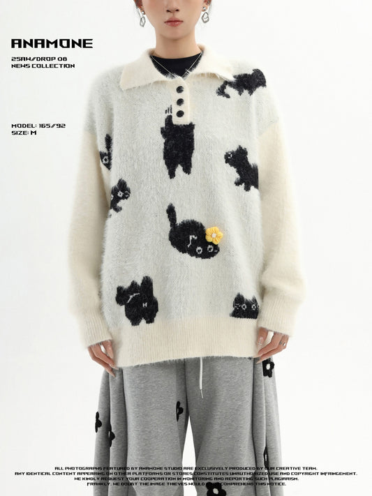 ANAMONE American retro cat jacquard polo sweater women's autumn original loose lazy style knitted top