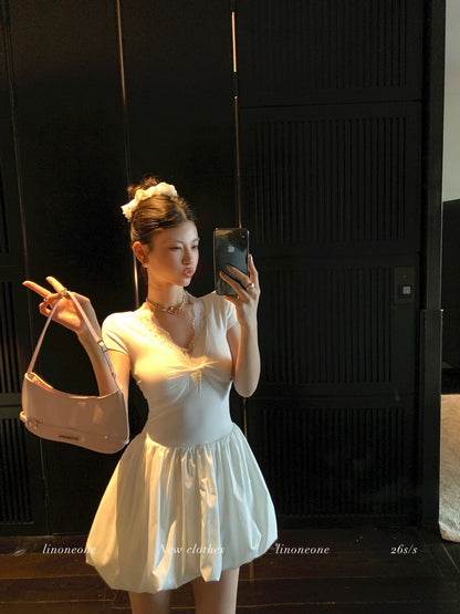 LINONEONE Girlish Ballet French Pure and Alluring V-neck Twisted Short Sleeve Puffy Waist Elastic Dress