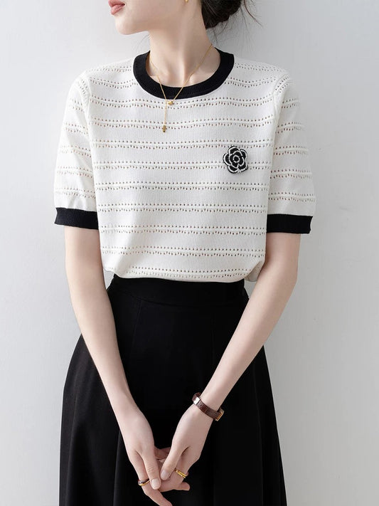 White loose round neck striped sweater ladies 2025 summer new hollow design short-sleeved T-shirt top