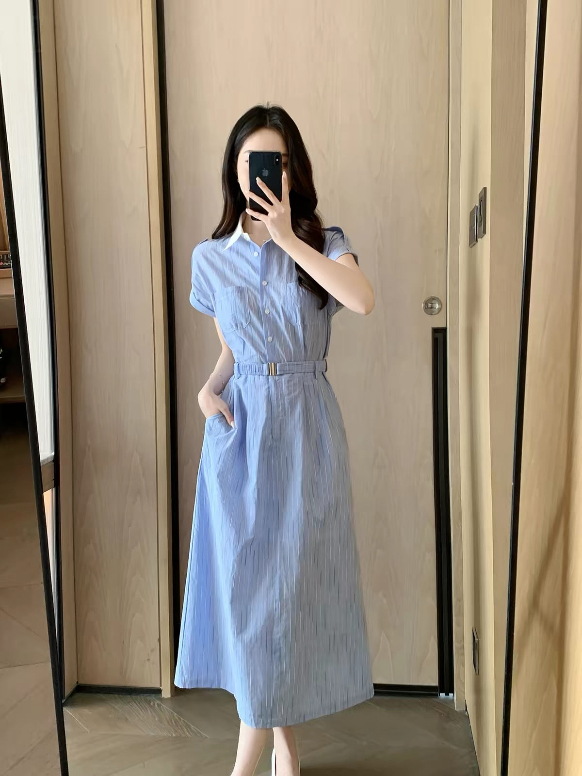 FT GUOGE Women's Blue Shirt Dress – Summer 2026 New Arrival: Sophisticated, Slim-Fit, and Waist-Defining Style for Work or Casual Wear