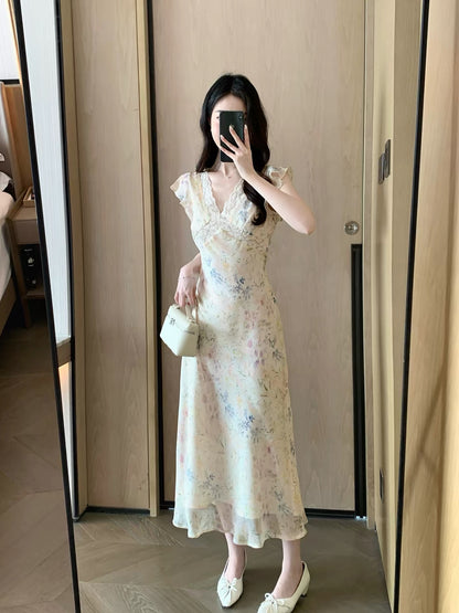 FT GUOGE Women's French-Style Lace-Panel Dress – 2026 New Summer Collection: Elegant, Soft, and Featuring Flutter Sleeves
