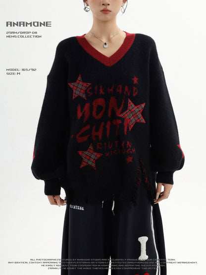 ANAMONE American retro contrast color v-neck sweater women's autumn star plaid embroidery design sweater trend
