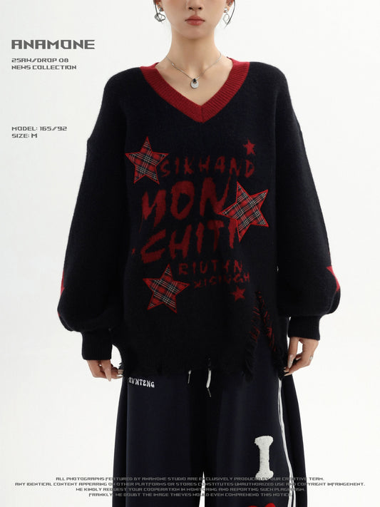 ANAMONE American retro contrast color v-neck sweater women's autumn star plaid embroidery design sweater trend