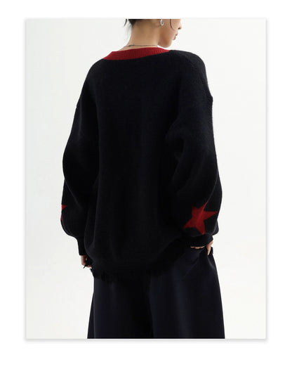 ANAMONE American retro contrast color v-neck sweater women's autumn star plaid embroidery design sweater trend