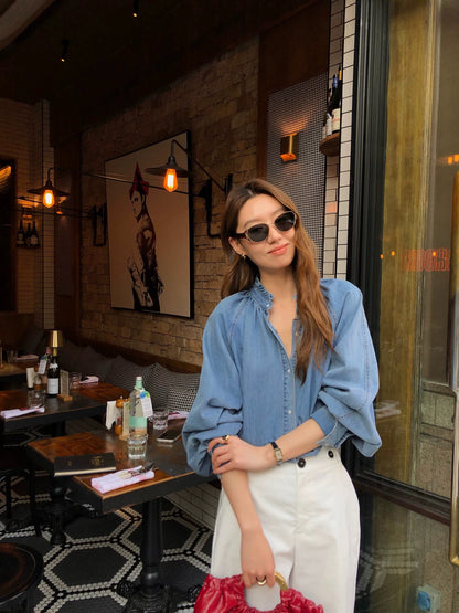 Gakee official misty blue denim shirt for women, spring style, pleated lace trim, distressed washed off-shoulder top.