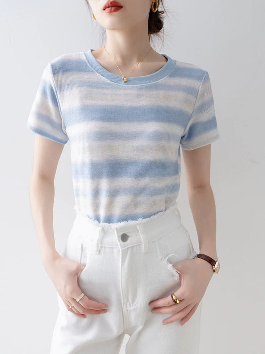 This year's popular tops for women 2025 new hot-selling summer clothes for age reduction blue striped round neck straight shoulder short-sleeved T-shirt