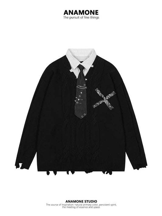 ANAMONE College style fake two-piece splicing sweater women's autumn and winter loose lazy design niche unique style