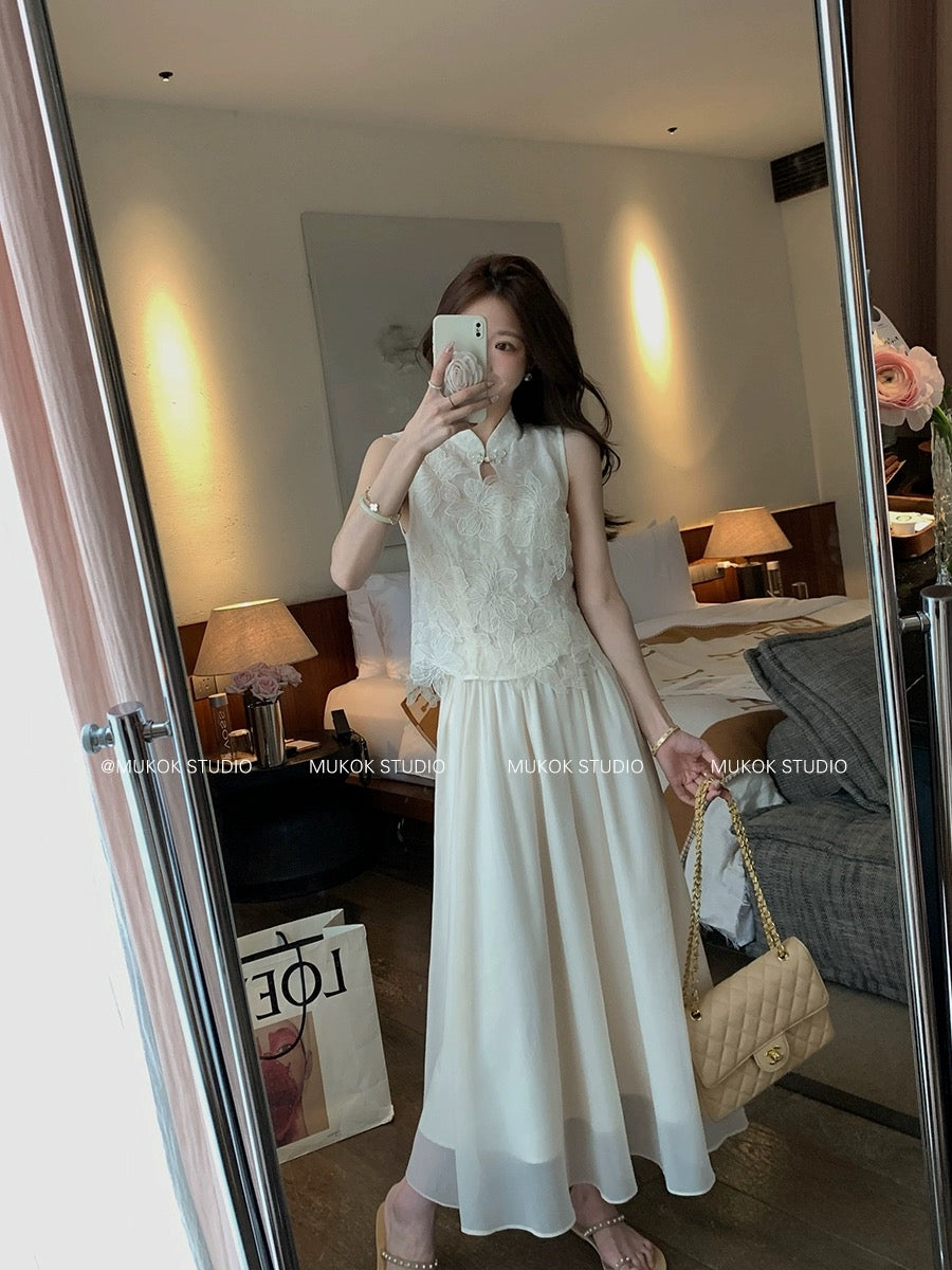 MUKOK Mengyu Jiangnan~Heavy Industry Handmade Lace Pattern New Chinese Top + Fairy Skirt Set