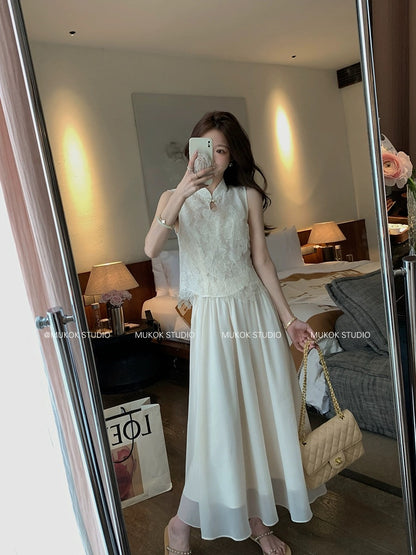 MUKOK Mengyu Jiangnan~Heavy Industry Handmade Lace Pattern New Chinese Top + Fairy Skirt Set