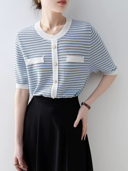 Small style striped sweater women 2025 summer new blue loose round neck striped thin short-sleeved top