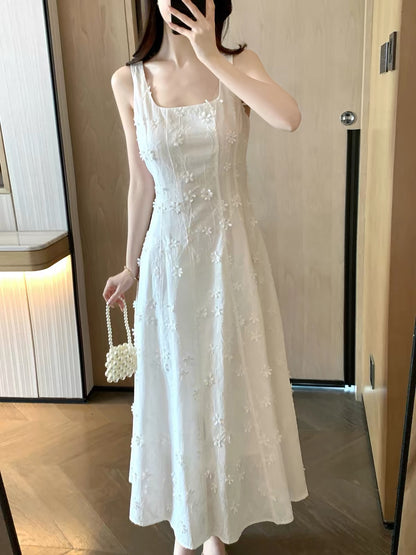 FT GUOGE Women's White Dress – 2026 New Summer Collection: French-Style Sleeveless Dress with Sophisticated 3D Embroidery
