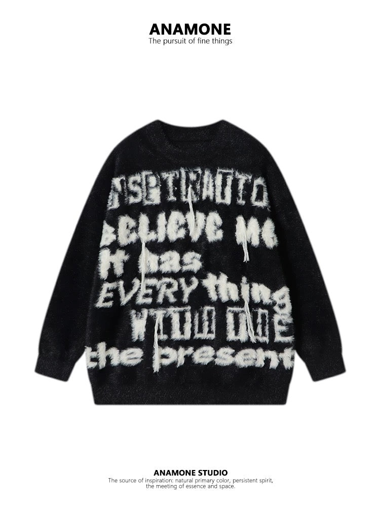 ANAMONE American high street original letter sweater women 2025 winter loose lazy style soft glutinous imitation mink