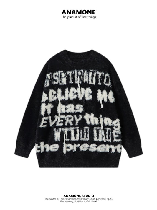 ANAMONE American high street original letter sweater women 2025 winter loose lazy style soft glutinous imitation mink