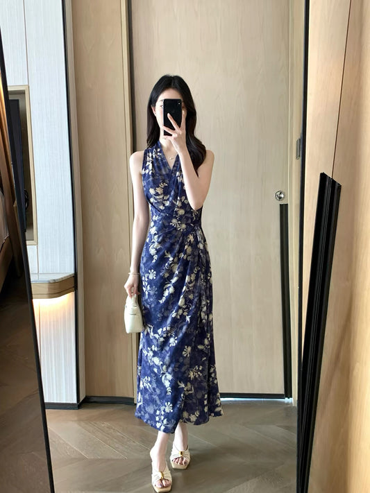 FT GUOGE Women's Halter-Neck Dress – 2026 Summer New Arrival: Sleeveless Printed Dress with Waist-Cinching Tie Detail
