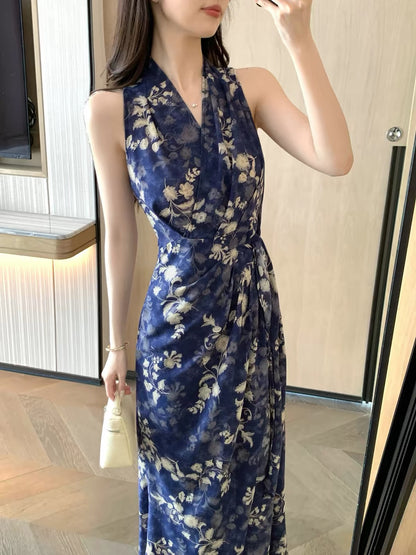 FT GUOGE Women's Halter-Neck Dress – 2026 Summer New Arrival: Sleeveless Printed Dress with Waist-Cinching Tie Detail