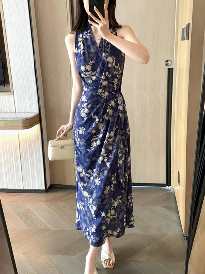 FT GUOGE Women's Halter-Neck Dress – 2026 Summer New Arrival: Sleeveless Printed Dress with Waist-Cinching Tie Detail