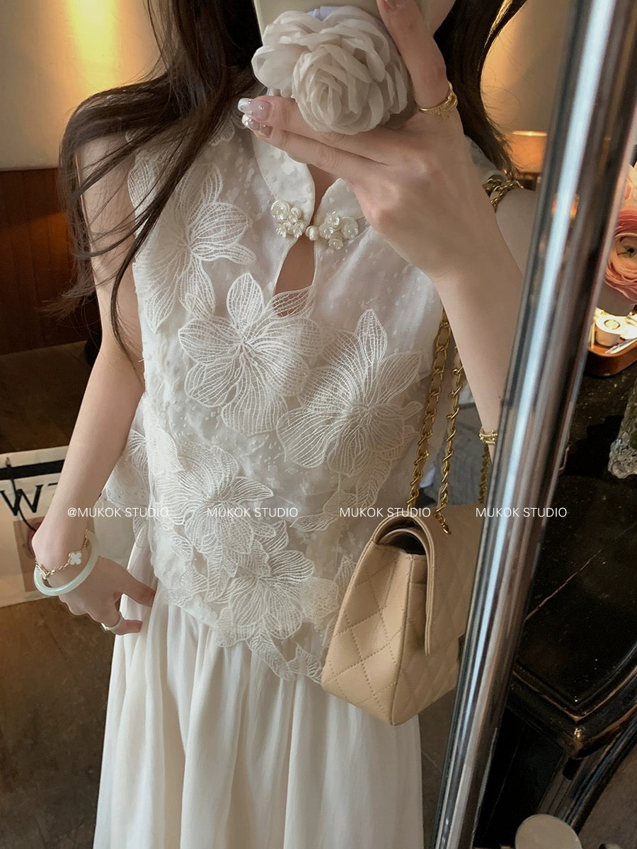 MUKOK Mengyu Jiangnan~Heavy Industry Handmade Lace Pattern New Chinese Top + Fairy Skirt Set