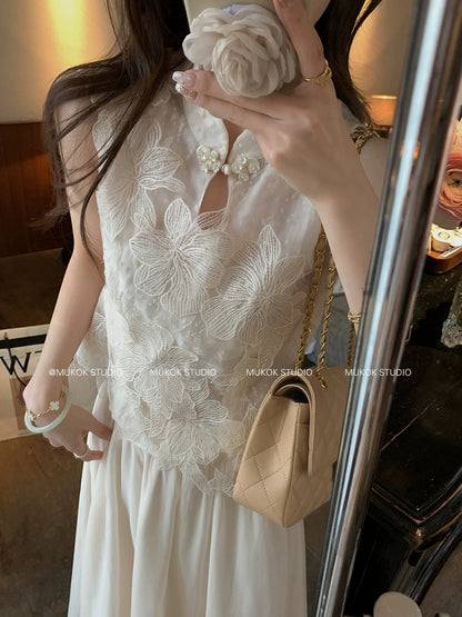 MUKOK Mengyu Jiangnan~Heavy Industry Handmade Lace Pattern New Chinese Top + Fairy Skirt Set